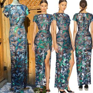 🆕 BRONX & BANCO🧿 NWOT Zinnia Side-Split Sequin Embroidered Gown, Navy Sz S US4